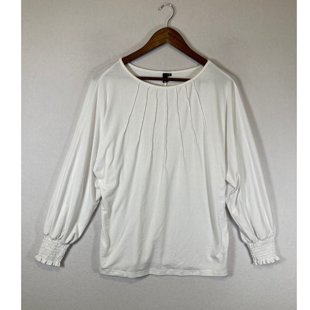 Minimalist Automet Women Med White Pleated Neck Smocked Cuff Balloon Sleeve Top